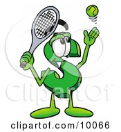 Dollar Sign Mascot Cartoon Character Preparing To Hit A Tennis Ball