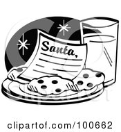 Black And White Santa Letter On A Plate Of Cookies Served With Milk