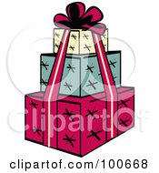Tower Of Three Wrapped Presents And A Red Ribbon And Bow