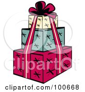 Poster, Art Print Of Tower Of Three Wrapped Presents And A Red Ribbon And Bow