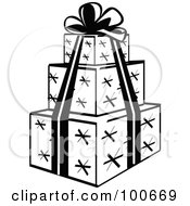 Poster, Art Print Of Black And White Tower Of Three Wrapped Presents And A Ribbon And Bow