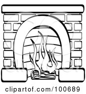 Royalty Free RF Clipart Illustration Of A Coloring Page Outline Of A Log Burning In A Brick Fireplace by Andy Nortnik