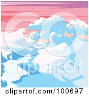 Royalty Free RF Clipart Illustration Of A Snow Covered Tree And Mountains Against A Sunset