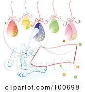 Poster, Art Print Of White Easter Bunny Holding A Blank Banner Under Eggs
