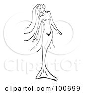 Poster, Art Print Of Black And White Line Drawing Of A Mermaid