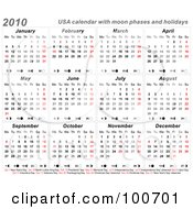Royalty Free RF Clipart Illustration Of A 2010 Usa Calendar Showing The Moon Phases And Holidays