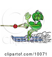 Dollar Sign Mascot Cartoon Character Waving While Water Skiing