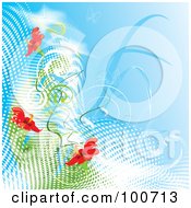 Poster, Art Print Of Background Of White Halftone Grunge With Red Flowers And Butterflies Over Blue