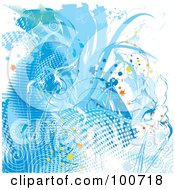 Poster, Art Print Of Abstract Blue Watercolor Background Of Foliage Splatters And Halftone