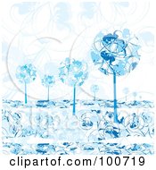 Poster, Art Print Of Rounded Blue Winter Trees Against A Floral Background