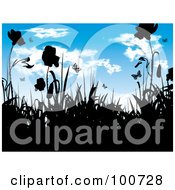 Poster, Art Print Of Background Of Black Silhouetted Flowers And Grass Against A Halftone Sky