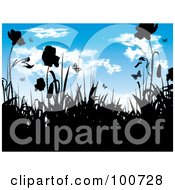 Royalty Free RF Clipart Illustration Of A Background Of Black Silhouetted Flowers And Grass Against A Halftone Sky by MilsiArt