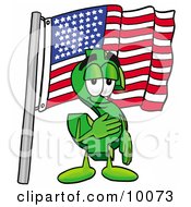 Dollar Sign Mascot Cartoon Character Pledging Allegiance To An American Flag