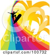 Poster, Art Print Of Silhouetted Surfer Surfing A Rainbow Wave Over A Palm Tree And Halftone Background