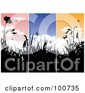 Background Of Three Spring Landscape Banners With Silhouetted Flowers