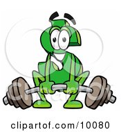 Dollar Sign Mascot Cartoon Character Lifting A Heavy Barbell