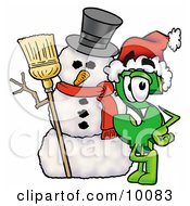 Poster, Art Print Of Dollar Sign Mascot Cartoon Character With A Snowman On Christmas