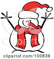 Poster, Art Print Of Happy Christmas Snowman In A Red Hat And Scarf