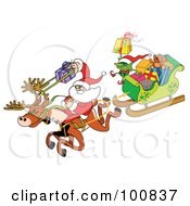 Santa Using A Gift Slingshot Riding A Reindeer And Pulling A Sleigh Of Gifts
