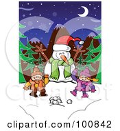 Poster, Art Print Of Two Children With Snowballs Waving By A Snowman In The Woods