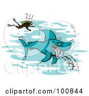 Poster, Art Print Of Shocked Scuba Diver Above A Large Burping Shark
