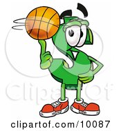 Poster, Art Print Of Dollar Sign Mascot Cartoon Character Spinning A Basketball On His Finger