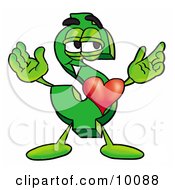 Clipart Picture Of A Dollar Sign Mascot Cartoon Character With His Heart Beating Out Of His Chest by Toons4Biz