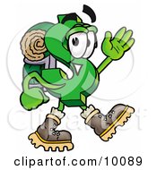 Dollar Sign Mascot Cartoon Character Hiking And Carrying A Backpack