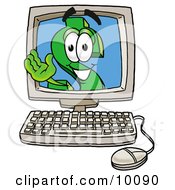 Dollar Sign Mascot Cartoon Character Waving From Inside A Computer Screen by Toons4Biz