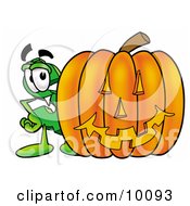 Dollar Sign Mascot Cartoon Character With A Carved Halloween Pumpkin