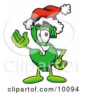 Dollar Sign Mascot Cartoon Character Wearing A Santa Hat And Waving