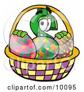 Poster, Art Print Of Dollar Sign Mascot Cartoon Character In An Easter Basket Full Of Decorated Easter Eggs