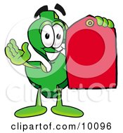 Dollar Sign Mascot Cartoon Character Holding A Red Sales Price Tag