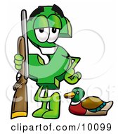Dollar Sign Mascot Cartoon Character Duck Hunting Standing With A Rifle And Duck