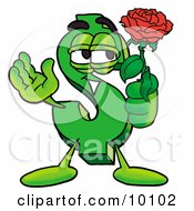 Dollar Sign Mascot Cartoon Character Holding A Red Rose On Valentines Day
