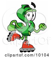 Clipart Picture Of A Dollar Sign Mascot Cartoon Character Roller Blading On Inline Skates by Toons4Biz