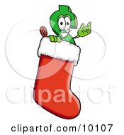 Poster, Art Print Of Dollar Sign Mascot Cartoon Character Wearing A Santa Hat Inside A Red Christmas Stocking