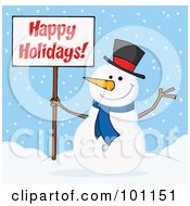 Poster, Art Print Of Happy Holidays Greeting With A Snowman Waving And Holding A Sign