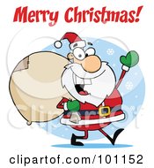 Poster, Art Print Of Merry Christmas Greeting With Santa Waving And Carrying A Sack