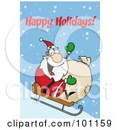 Poster, Art Print Of Happy Holidays Greeting With Santa Sledding Downhill