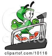 Clipart Picture Of A Dollar Sign Mascot Cartoon Character Walking On A Treadmill In A Fitness Gym by Toons4Biz