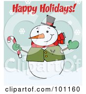 Poster, Art Print Of Happy Holidays Greeting With A Snowman Waving And Holding A Candy Cane