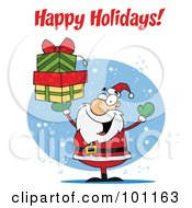 Poster, Art Print Of Happy Holidays Greeting With Santa Holding Gifts