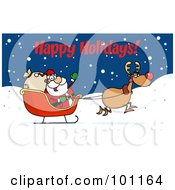 Poster, Art Print Of Happy Holidays Greeting With Santa And Rudolph With The Sleigh