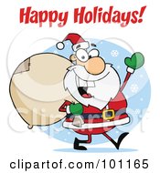 Poster, Art Print Of Happy Holidays Greeting With Santa Waving And Carrying A Sack