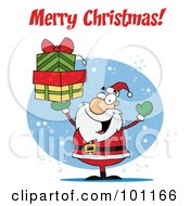 Poster, Art Print Of Merry Christmas Greeting With Santa Holding Presents