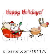 Poster, Art Print Of Happy Holidays Greeting With Santa And Rudolph With A Sleigh