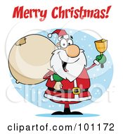 Poster, Art Print Of Merry Christmas Greeting With Santa Ringing A Bell