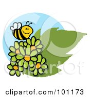 Poster, Art Print Of Happy Bee Flying Over Green Daisies
