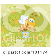 Poster, Art Print Of Happy Bee Flying With A Bucket Over Flowers